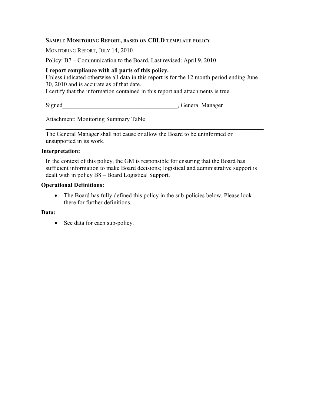 Sample Monitoring Report, Based on CBLD Template Policy