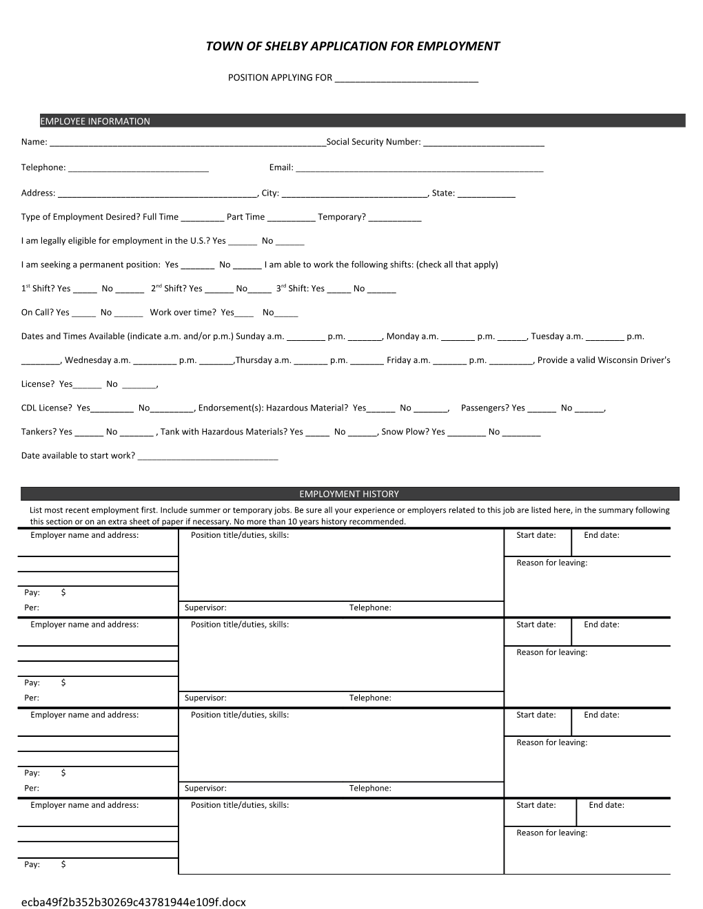 Town of Shelby Application for Employment