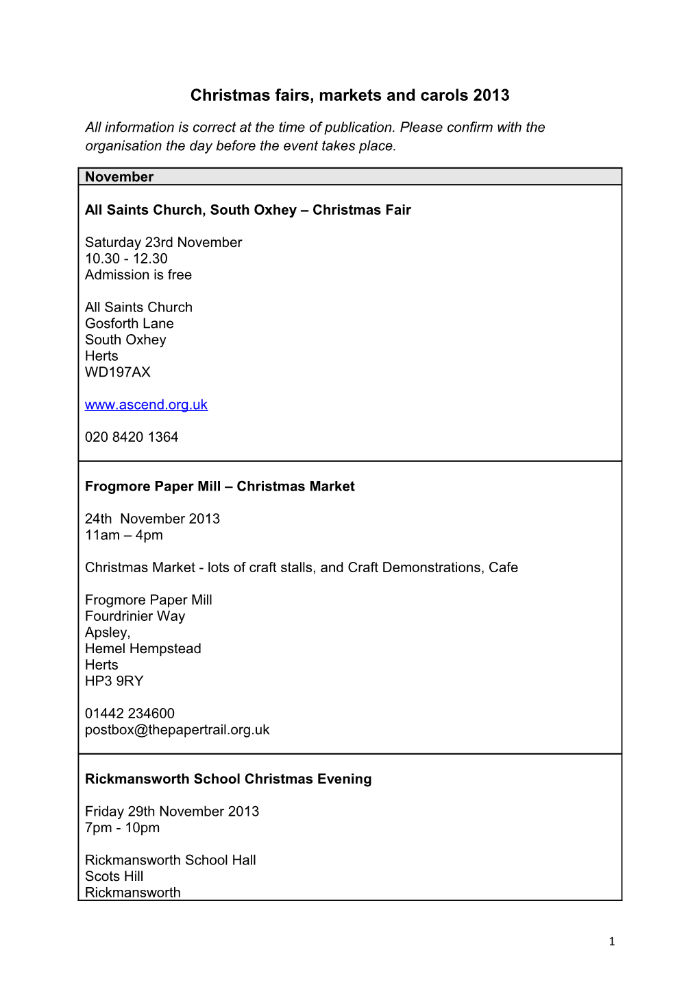 Christmas Fairs, Markets and Carols 2013