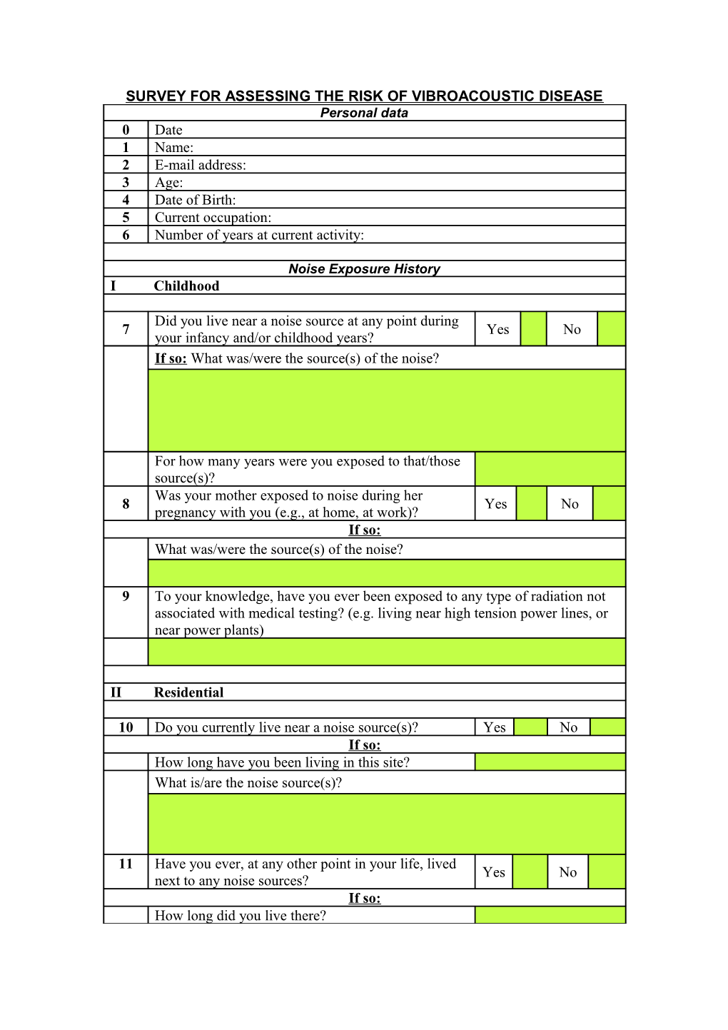 Survey for Assessing the Risk of Vibroacoustic Disease