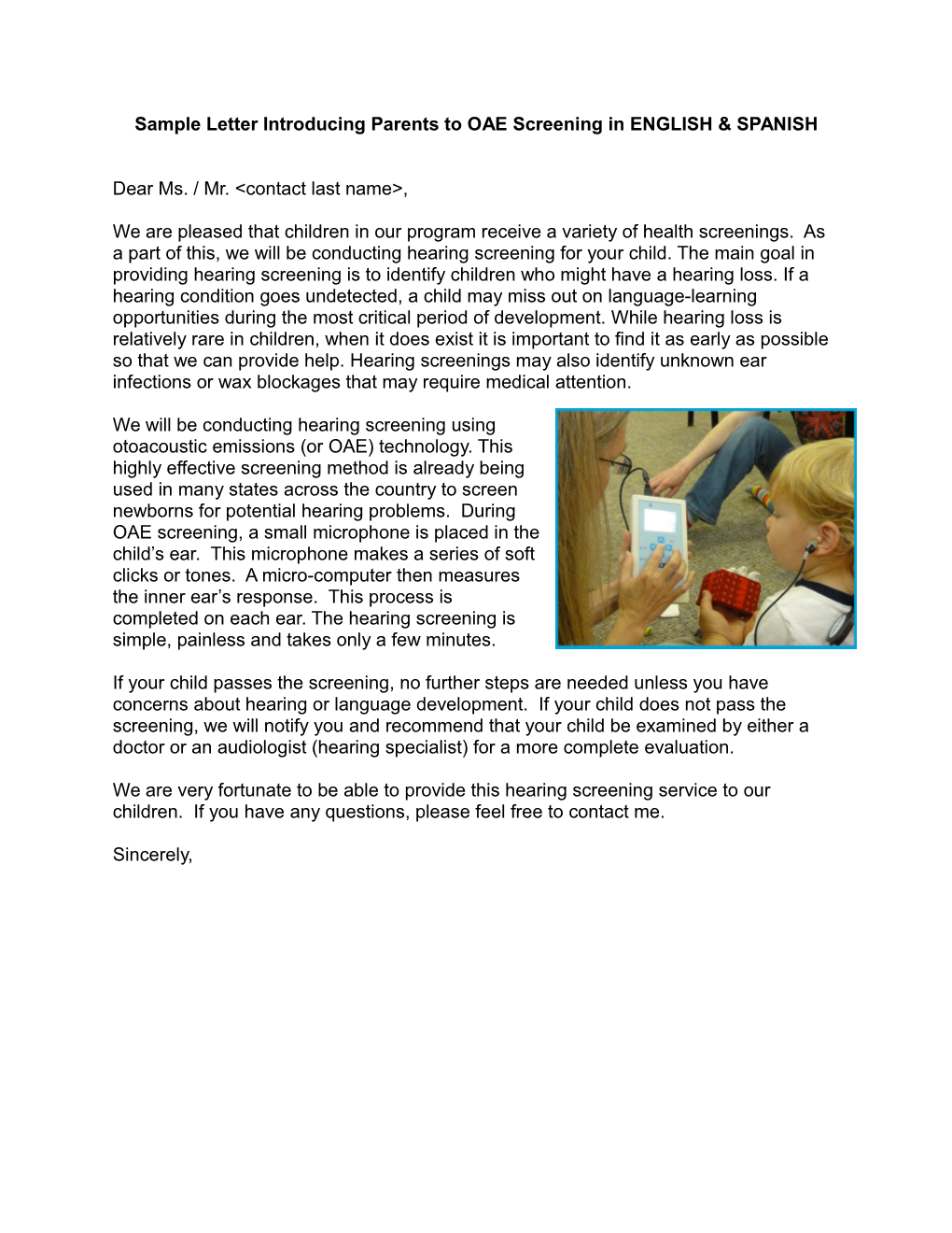Sample Letter Introducing OAE to Physicians/Audiologists