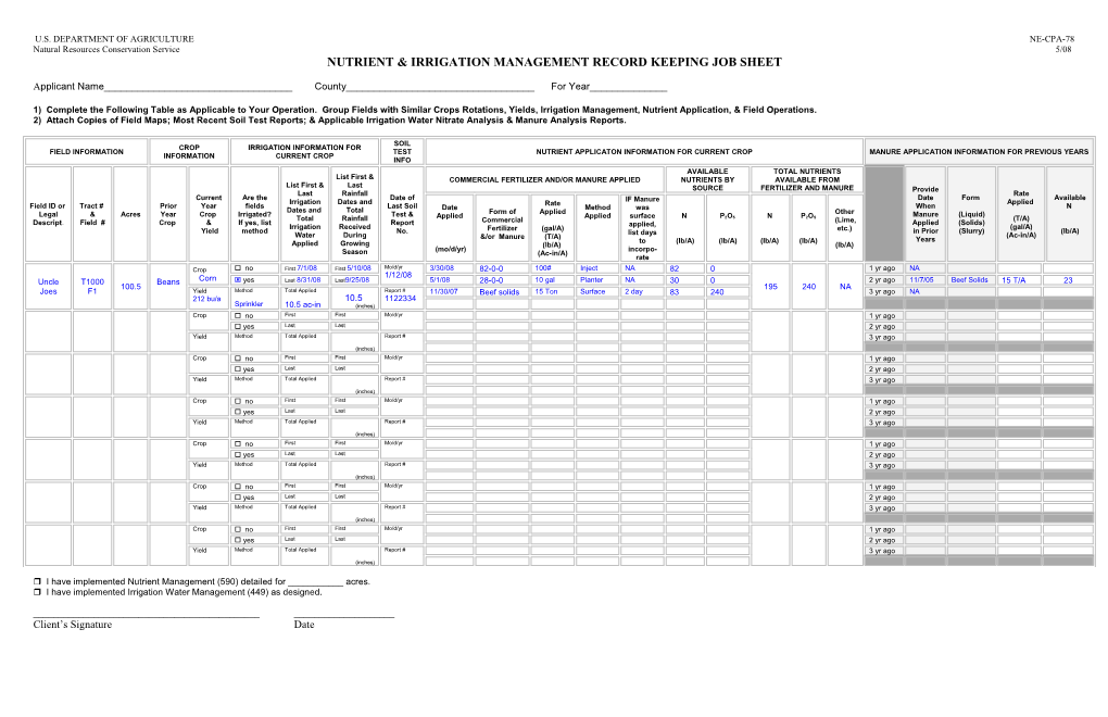 NE-CPA-78 Nutrient & Irrigation Management Record Keeping Job Sheet