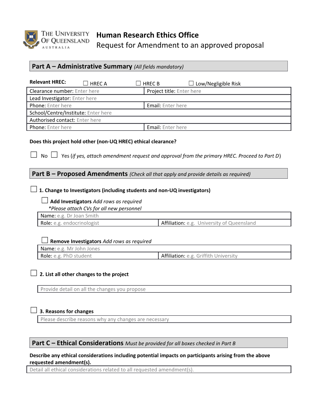 Request for Amendment to an Approved Proposal