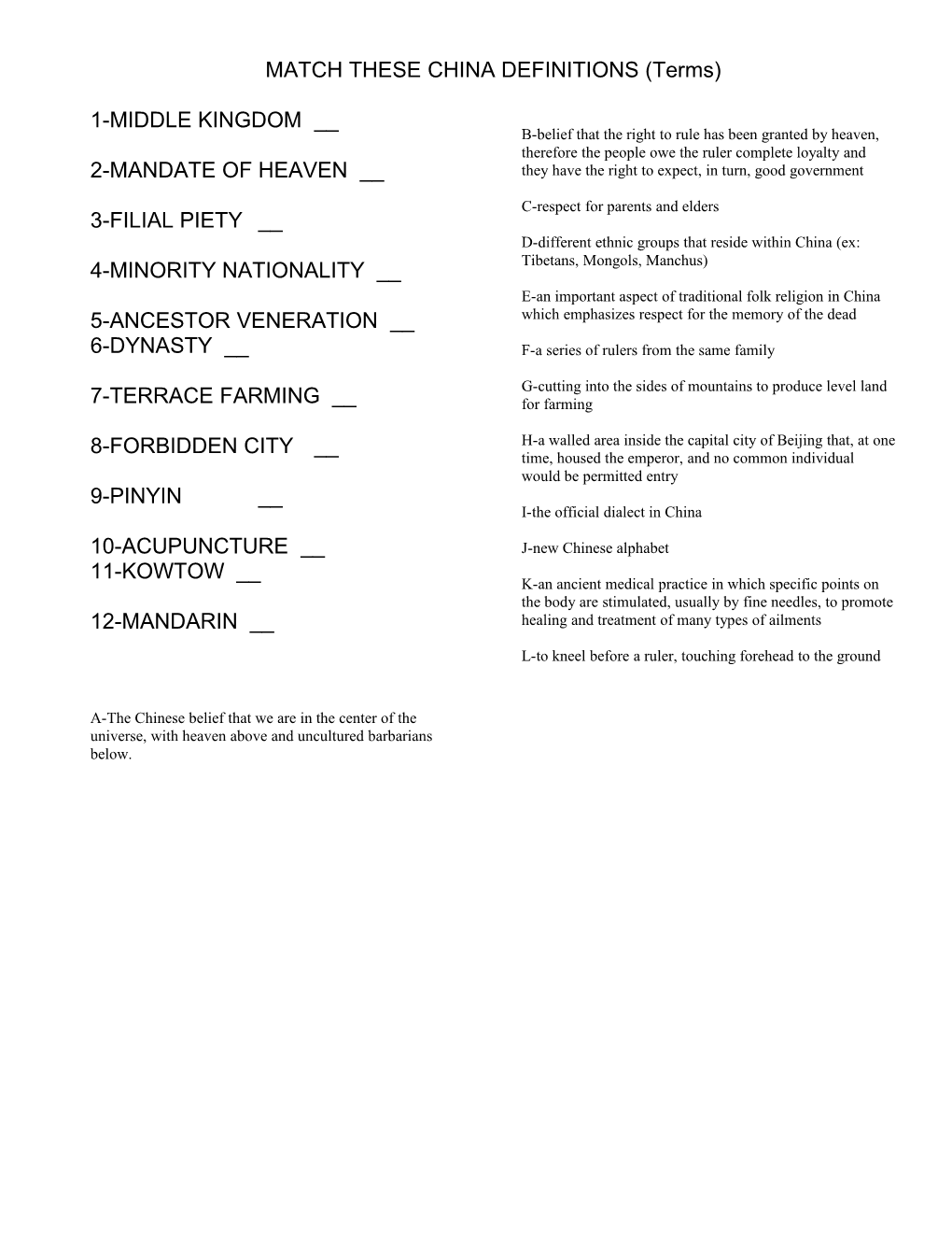 MATCH THESE CHINA DEFINITIONS (Terms)