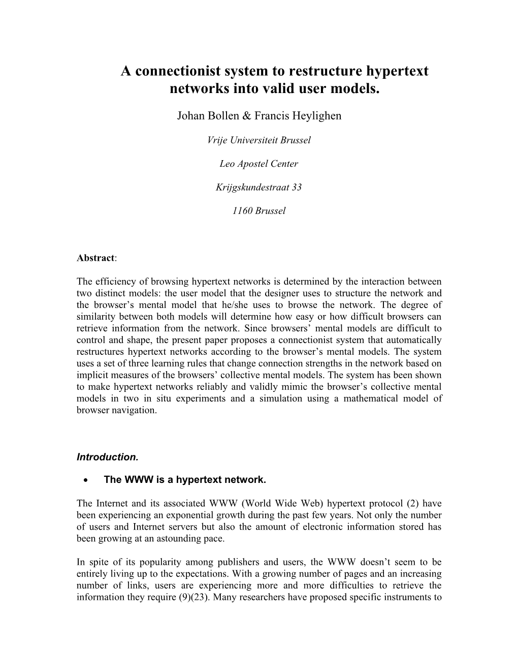 A Connectionist System to Restructure Hypertext Networks Into Valid User Models