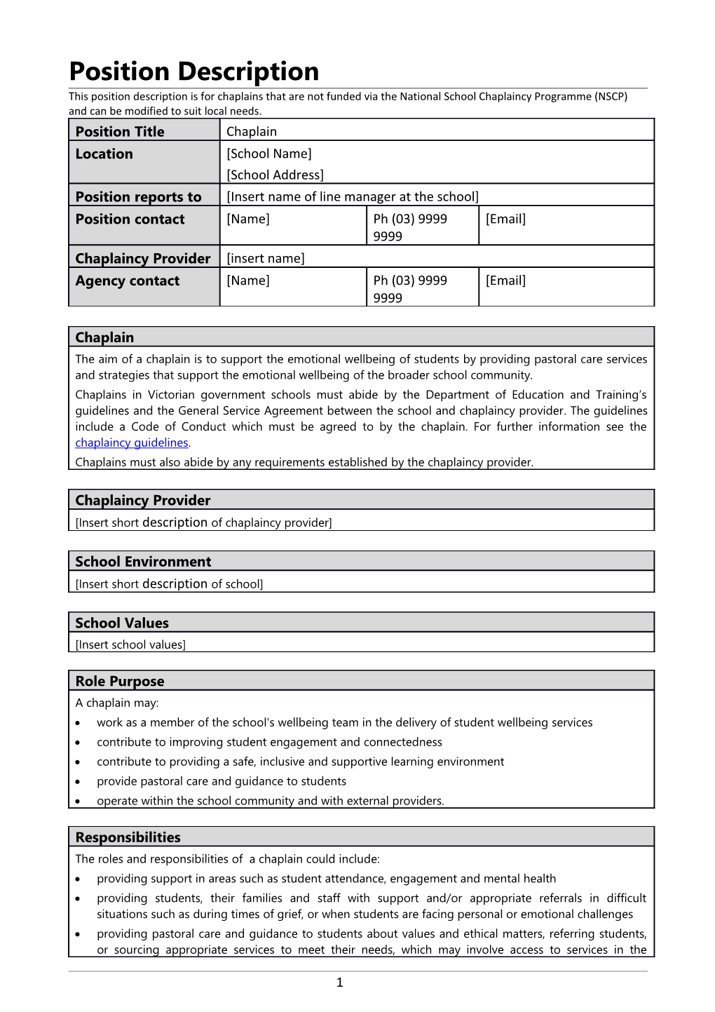 General Chaplaincy Position Description