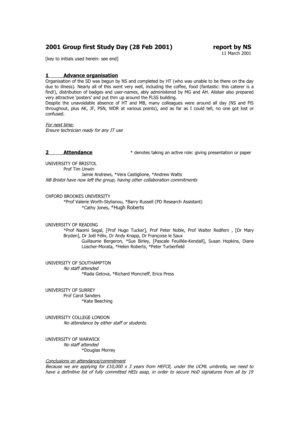 2001 Group First Study Day (28 Feb 2001)Report by NS