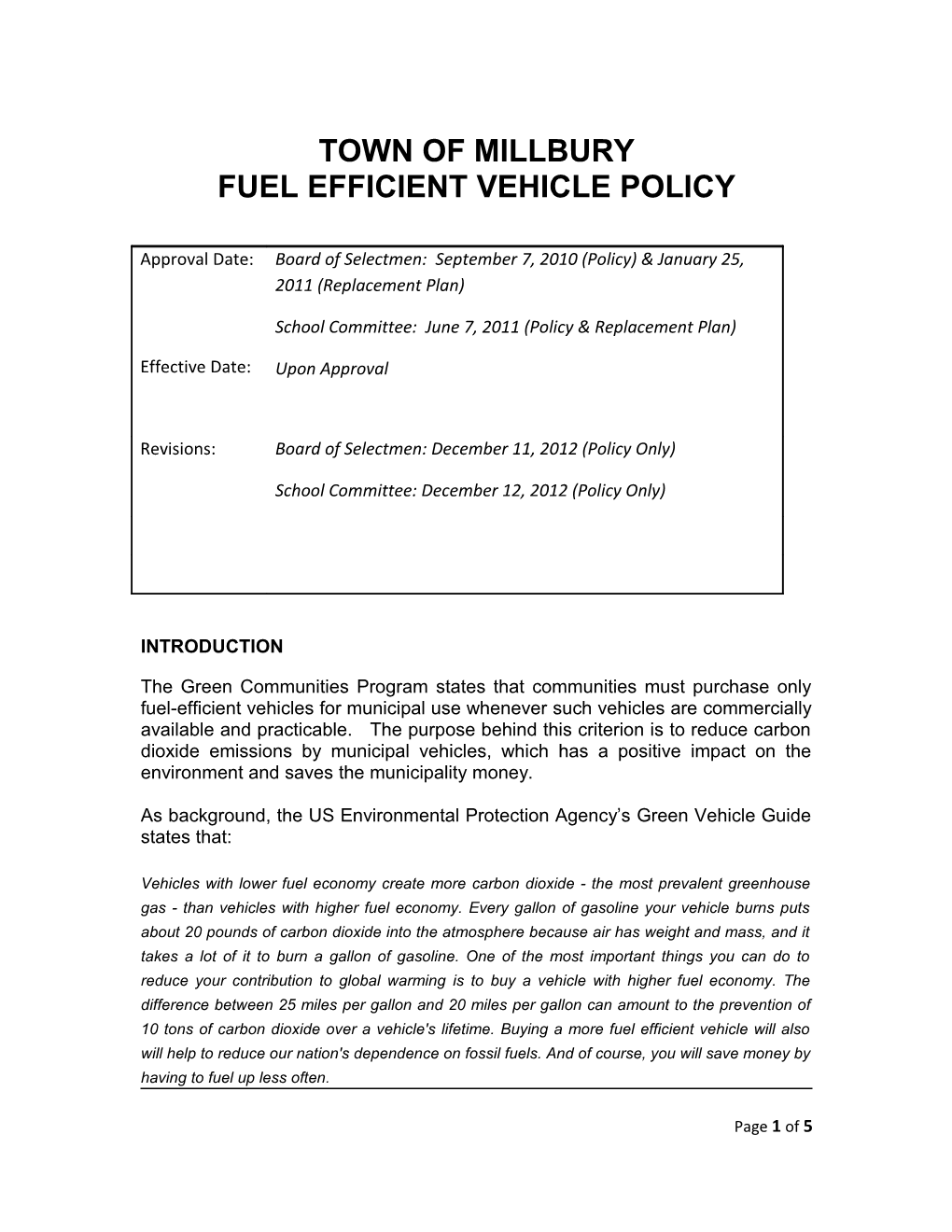 Fuel Efficient Vehicle Policy