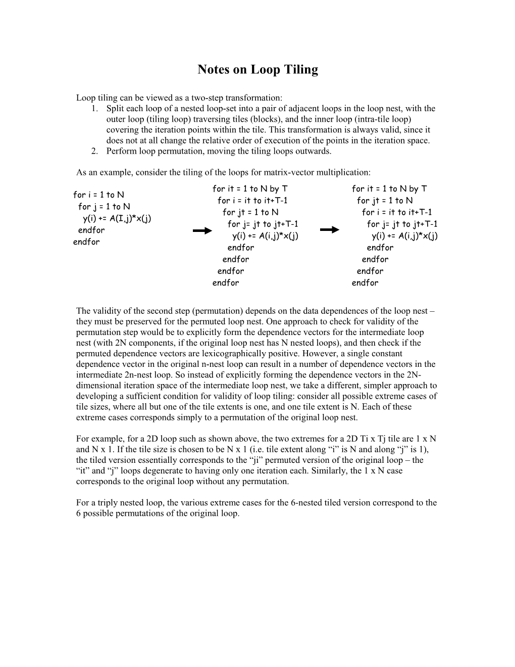 Notes on Loop Tiling