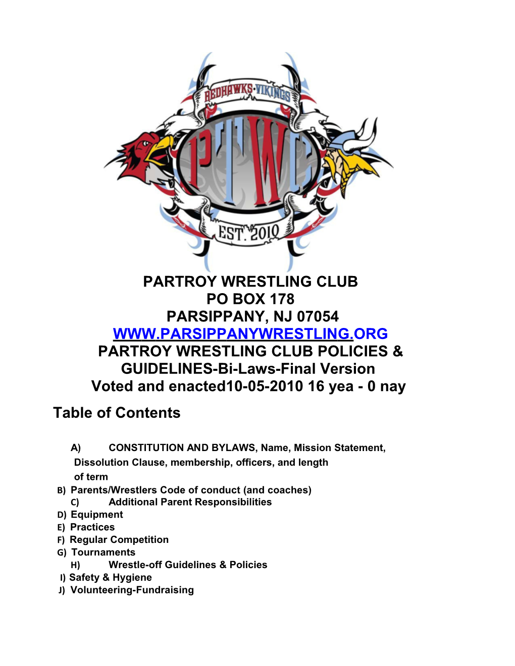 Parsippany,Nj07054 Org Partroywrestlingclubpolicies