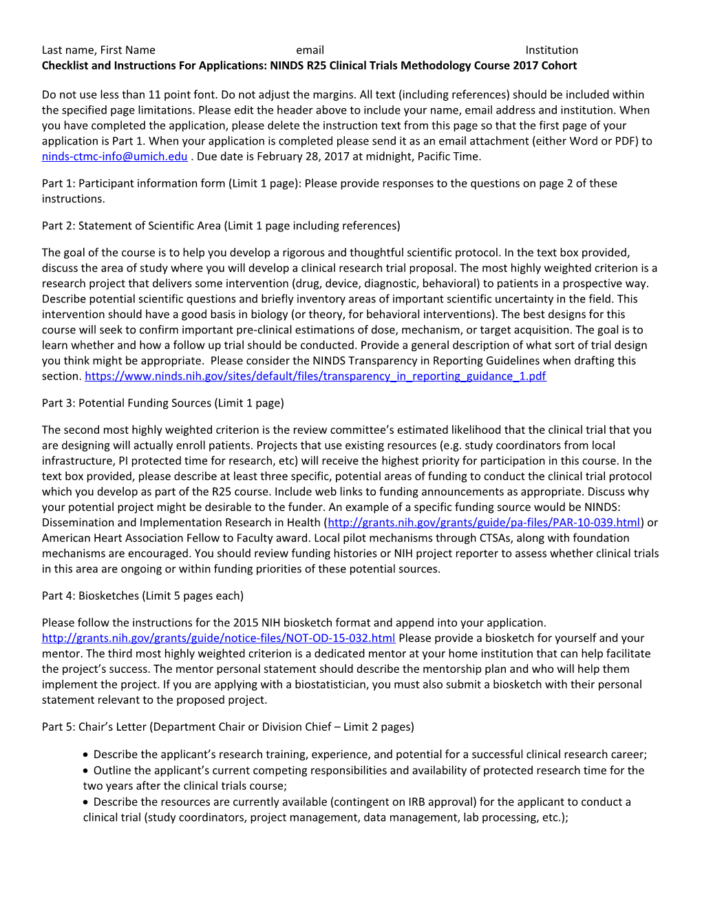 Checklist and Instructions for Applications: NINDS R25 Clinical Trials Methodology Course