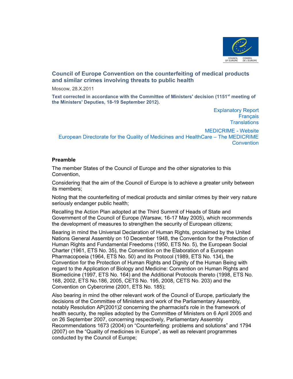 Council of Europe Convention on the Counterfeiting of Medical Products and Similar Crimes