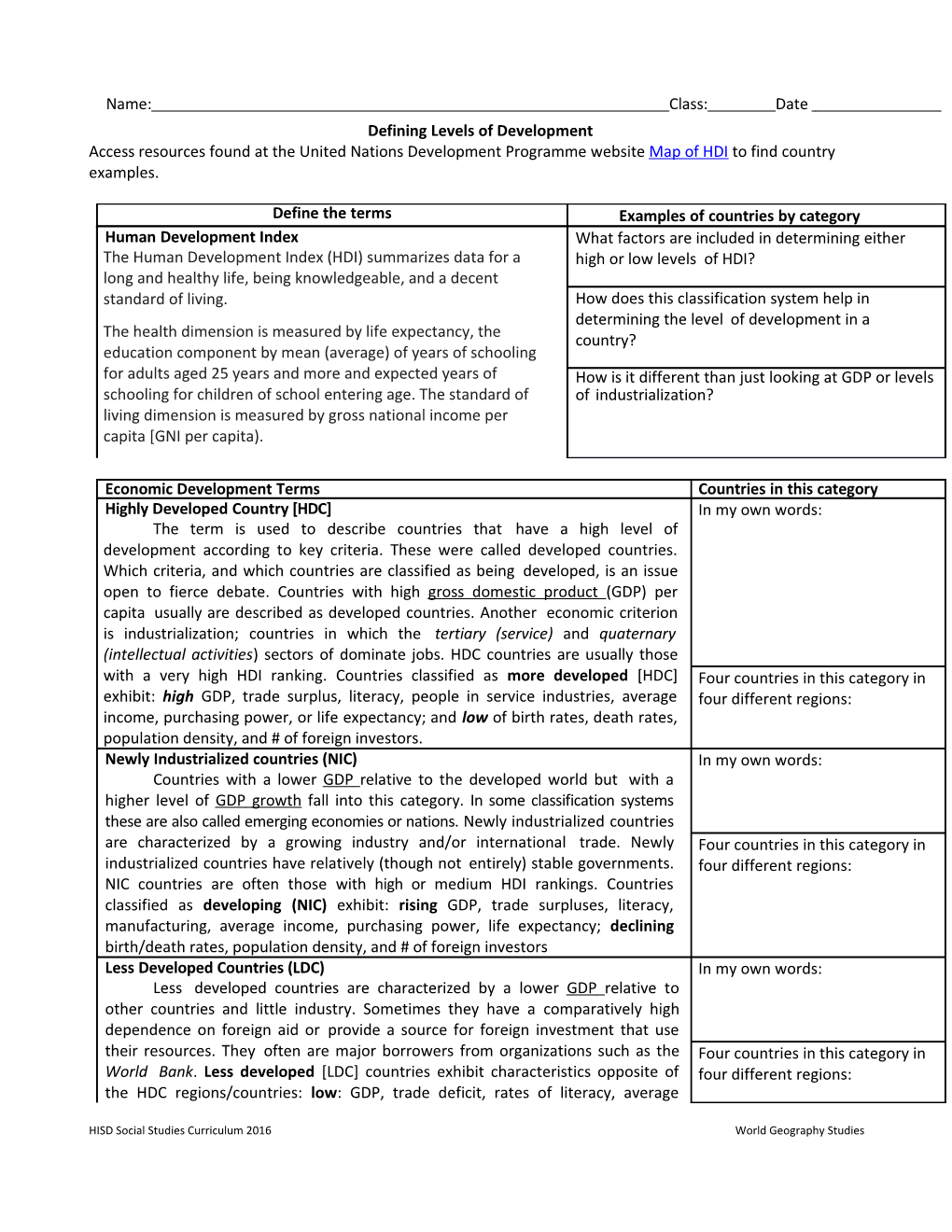 HISD Social Studies Curriculum 2016World Geography Studies