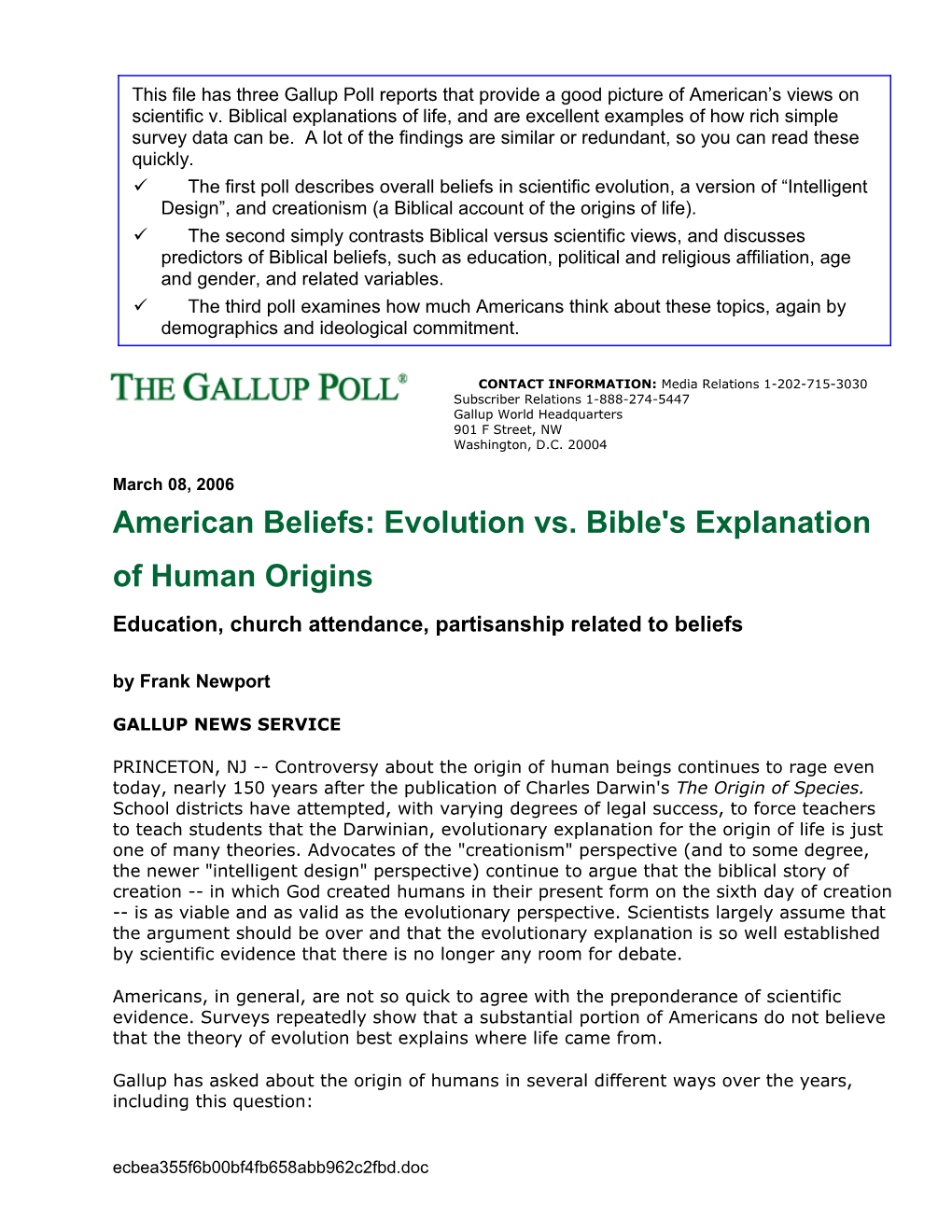 American Beliefs: Evolution Vs. Bible's Explanation of Human Origins