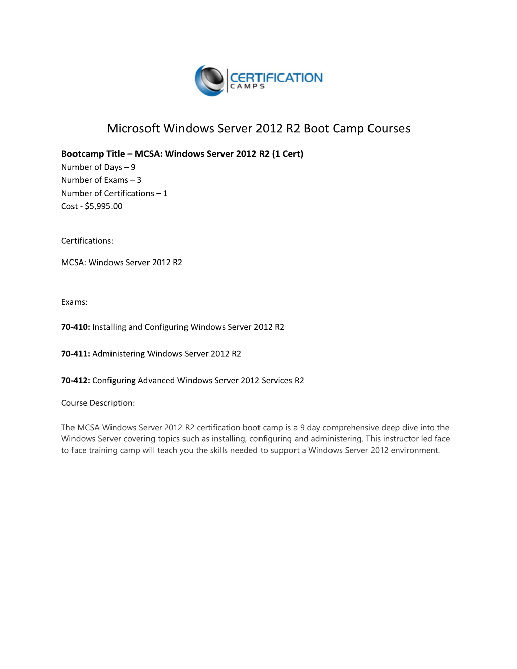 Microsoft Windows Server 2012 R2 Boot Camp Courses