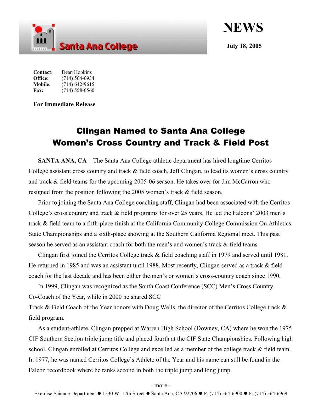 Clingan Named to Santa Ana College Women S Cross Country and Track & Field Post