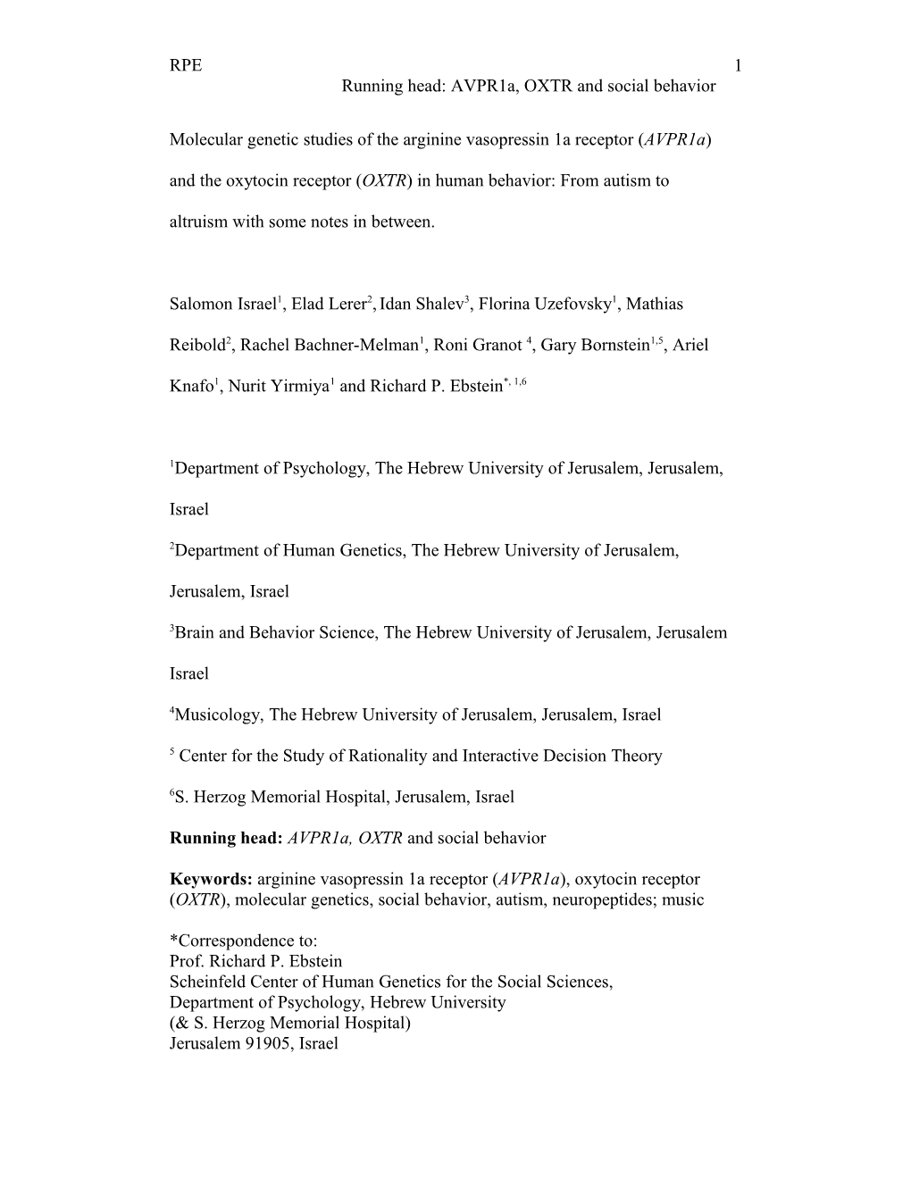 Molecular Genetic Studies of the Arginine Vasopressin 1A Receptor (Avpr1a)