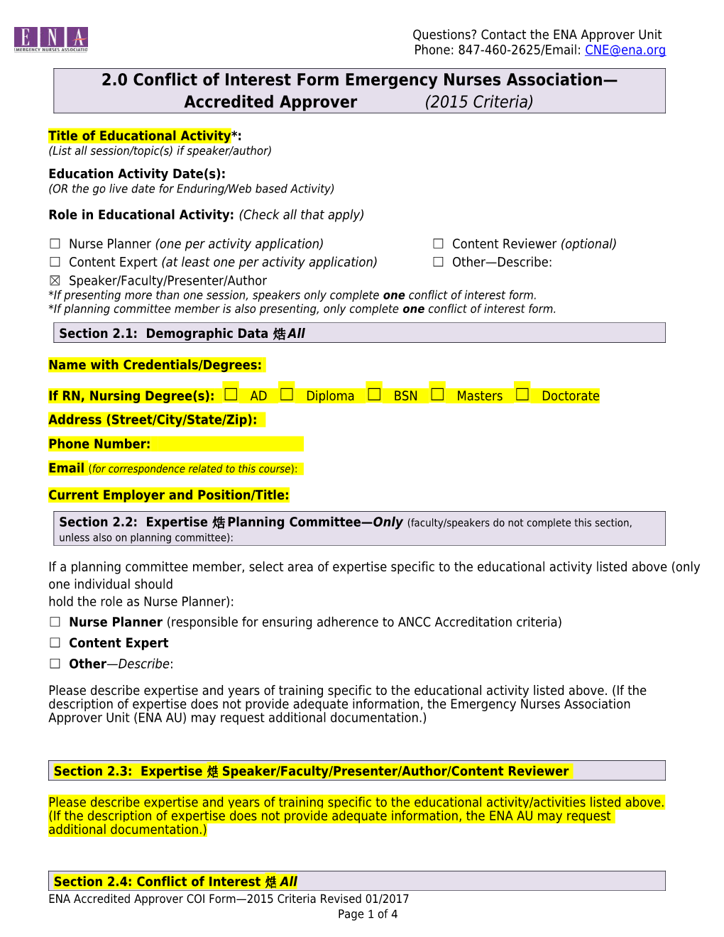 2.0 Conflict of Interest Form Emergency Nurses Association Accredited Approver (2015 Criteria)