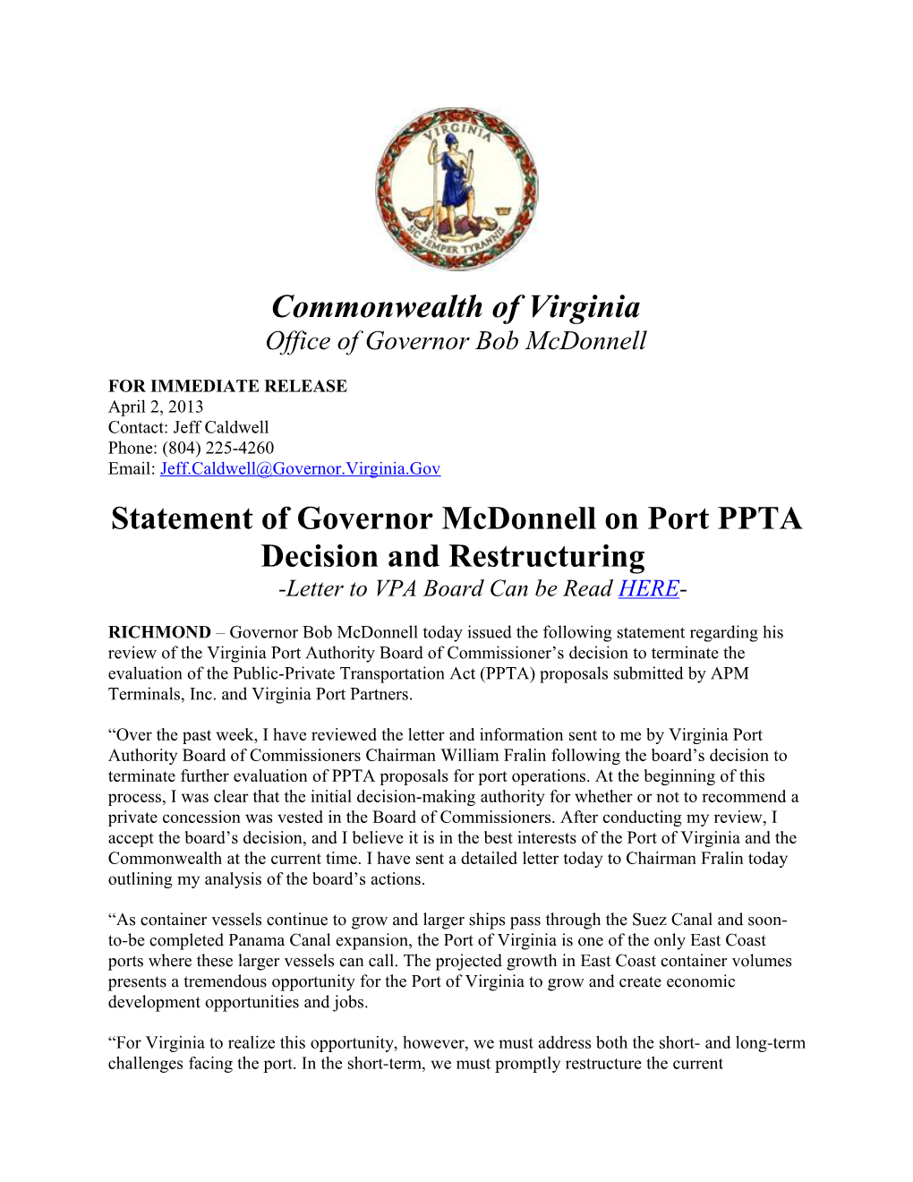 Commonwealth of Virginia Office of Governor Bob Mcdonnell