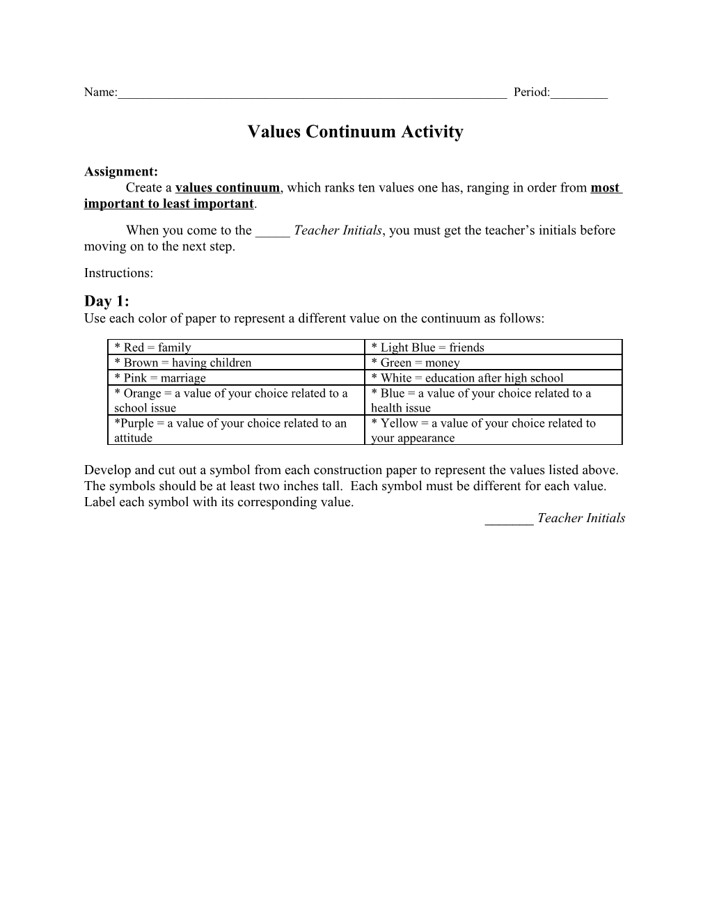 Values Continuum Activity