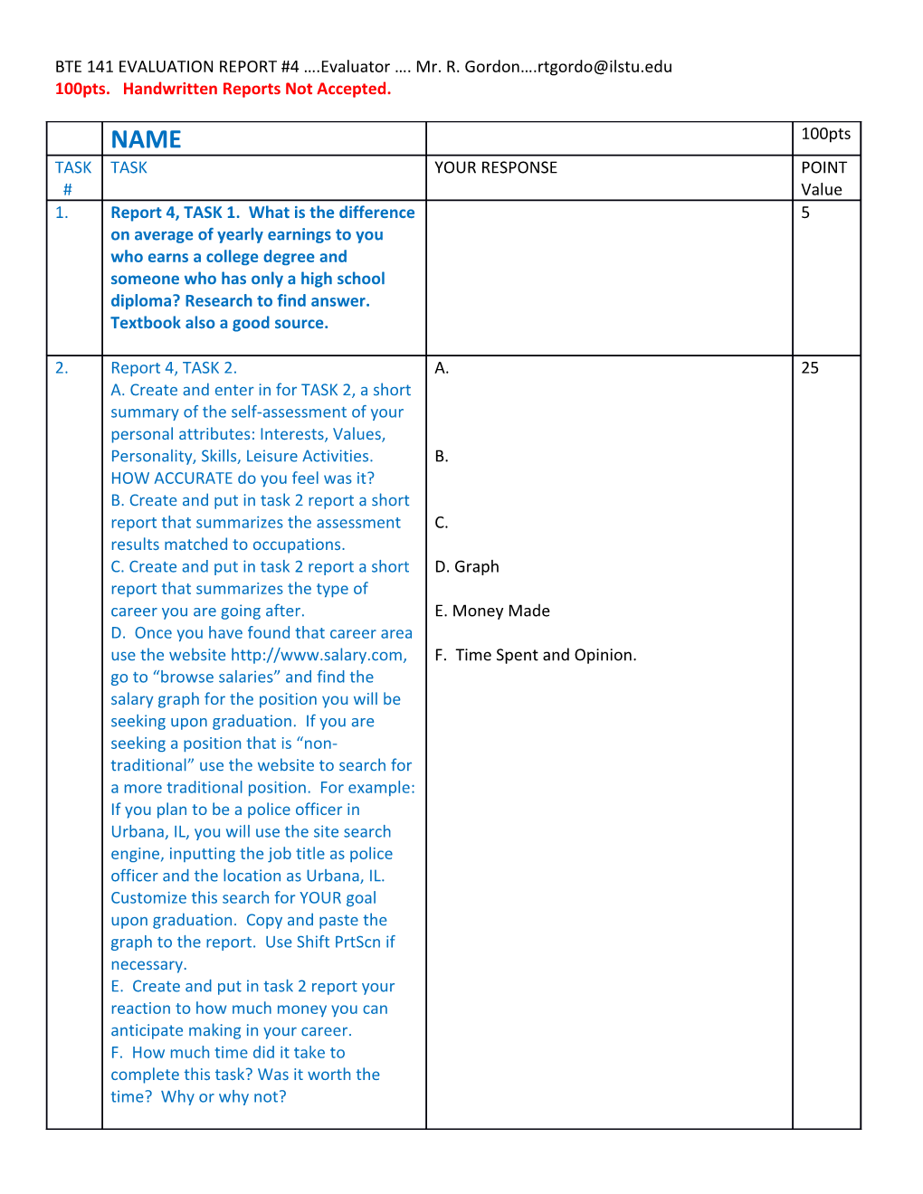 100Pts. Handwritten Reports Not Accepted