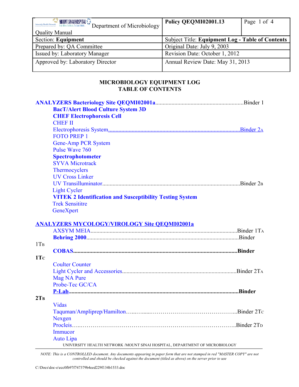 Microbiology Equipment Log