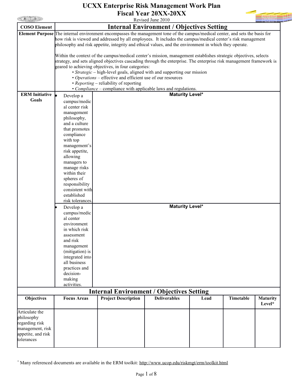 Ucxxenterprise Risk Management Work Plan Fiscal Year 20XX-20XX