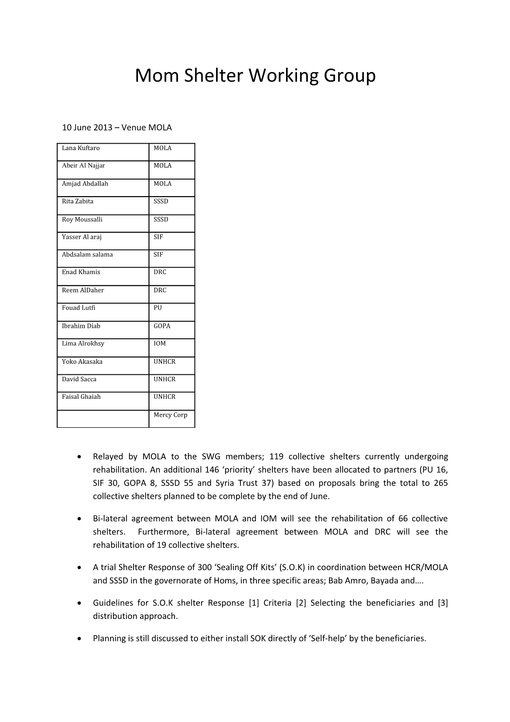 Mom Shelter Working Group 10 June 2013