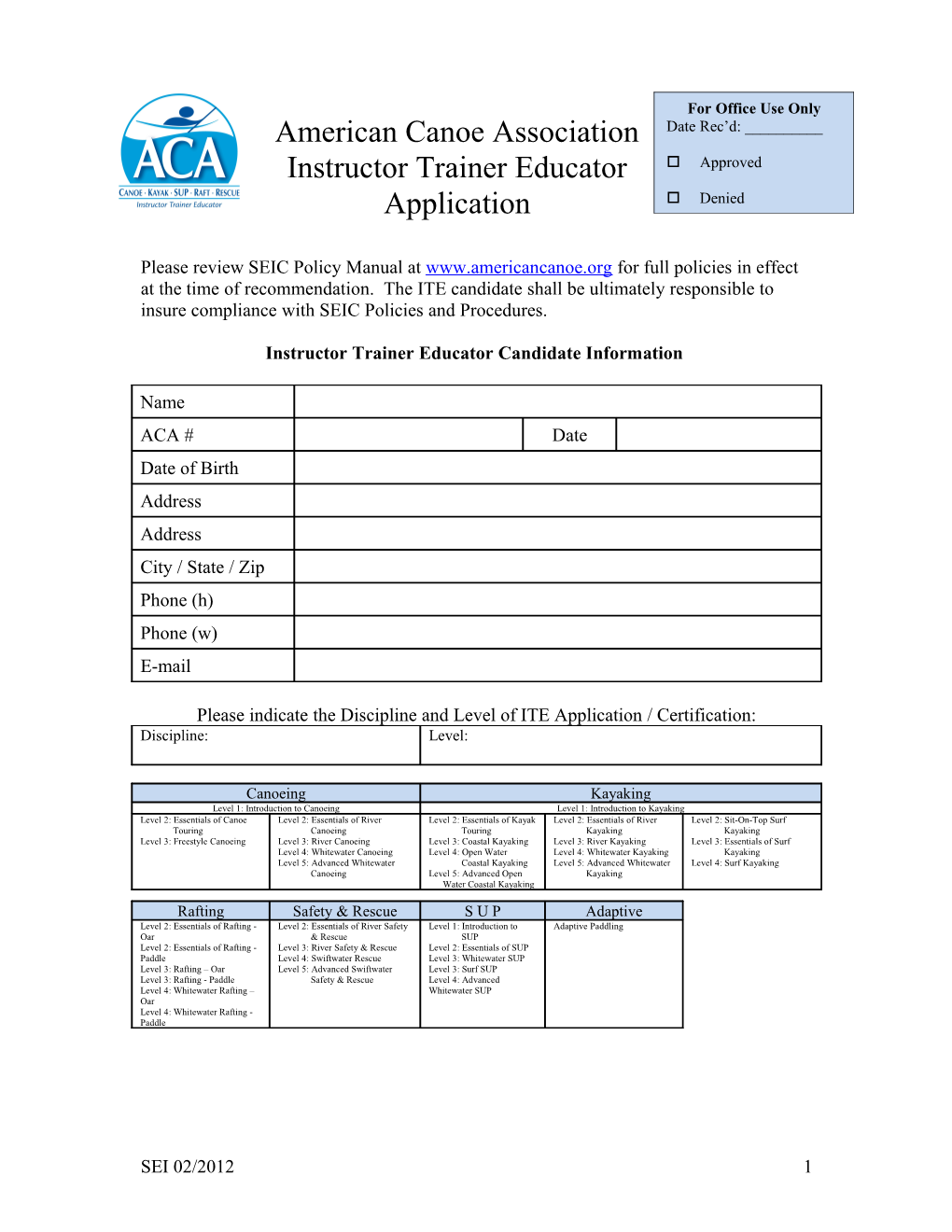 Instructor Trainer Educator Candidate Information