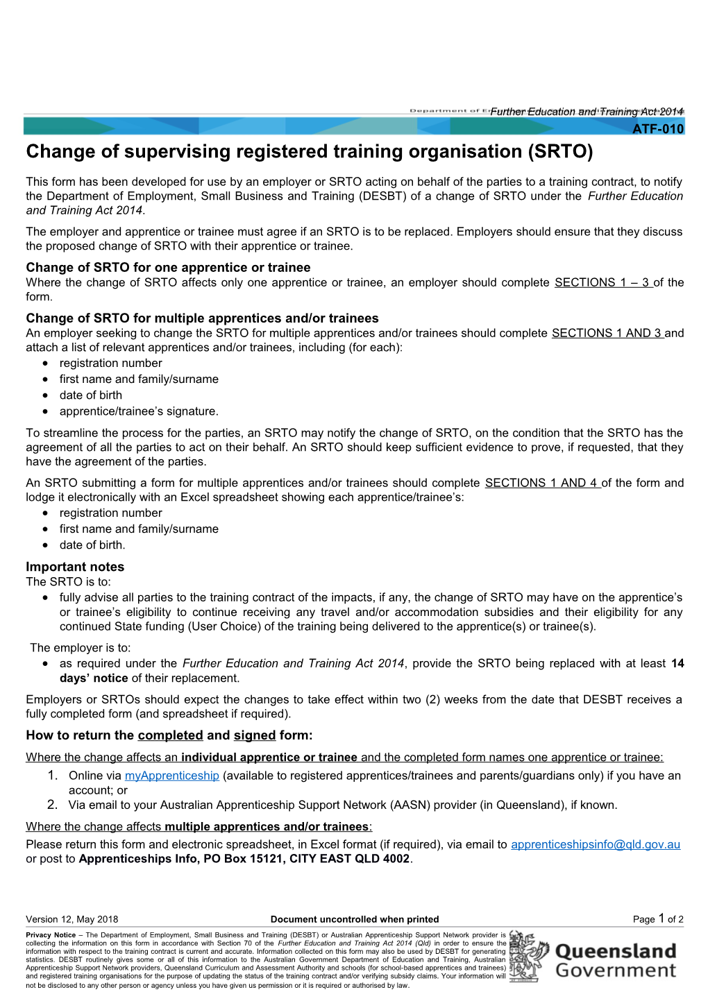ATF-010 Change of Supervising Registered Training Organisation Form