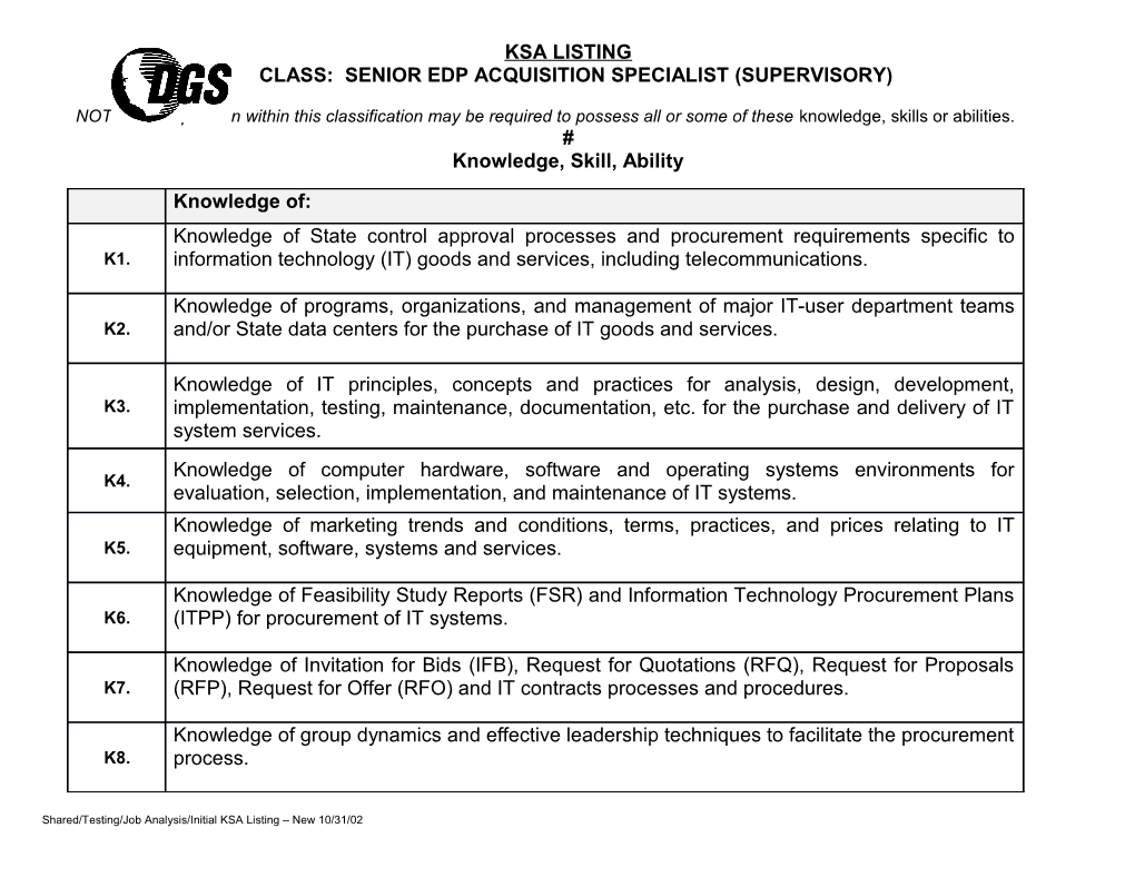 Class: Senior Edp Acquisition Specialist (Supervisory)