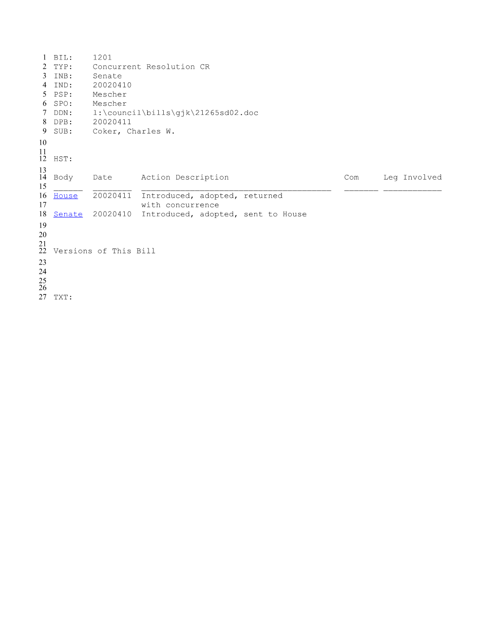 2001-2002 Bill 1201: Coker, Charles W. - South Carolina Legislature Online