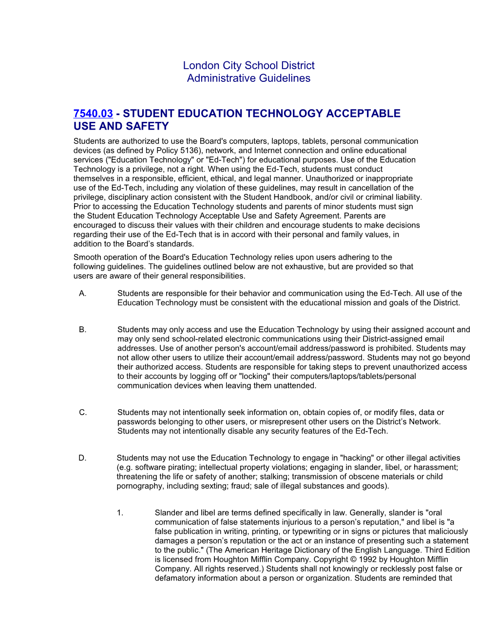 7540.03 - Student Education Technology Acceptable Use and Safety