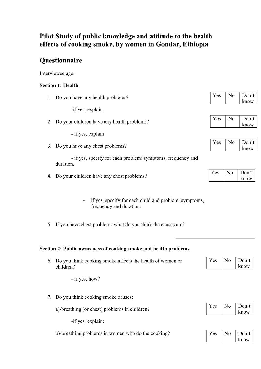 Respiratory Disease and Indoor Cooking Smoke Questionnaire Draft 1
