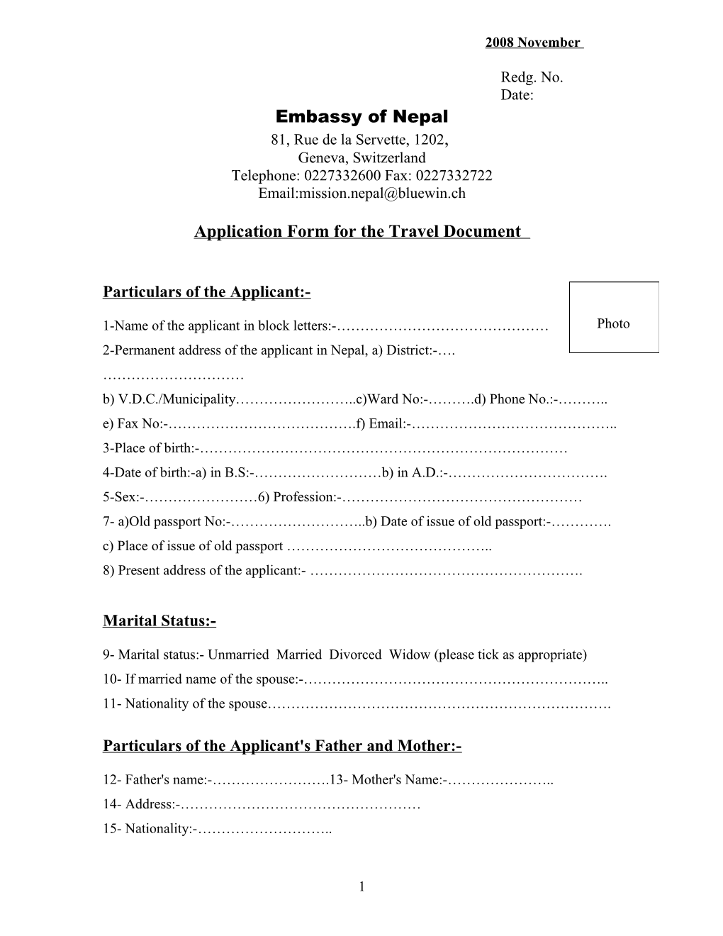 Application Form for the Travel Document