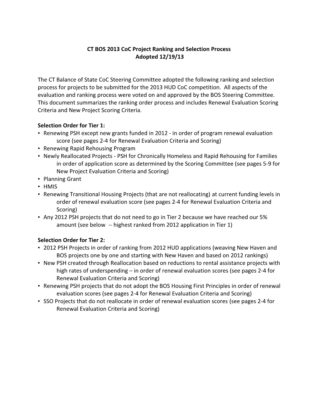 CT BOS 2013 Coc Project Ranking and Selection Process