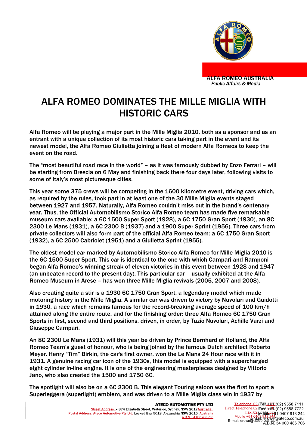 Alfa Romeo Dominates the Mille Miglia with Historic Cars