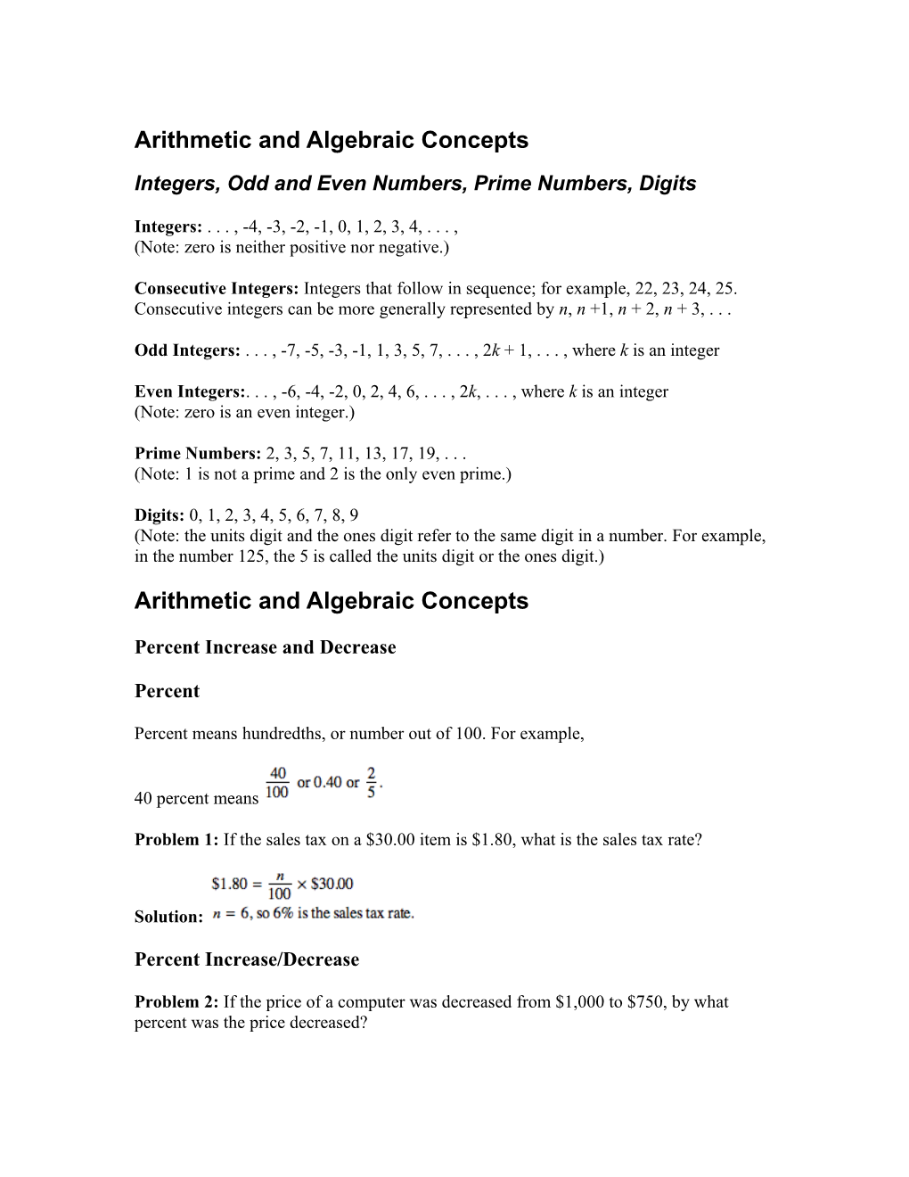 Arithmetic and Algebraic Concepts