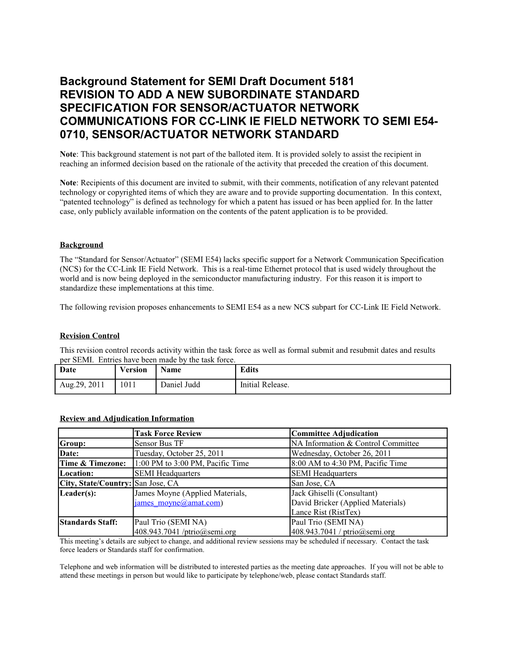 Background Statement for SEMI Draft Document 5181