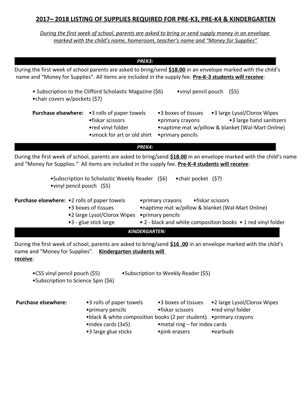 2017 2018 Listing of Supplies Required for Pre-K3, Pre-K4 & Kindergarten