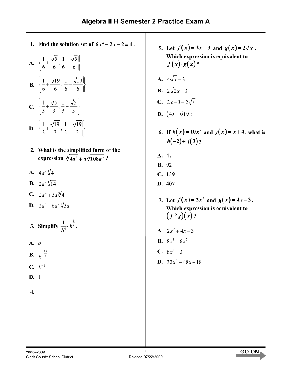 Algebra II Hsemester 2 Practiceexam A