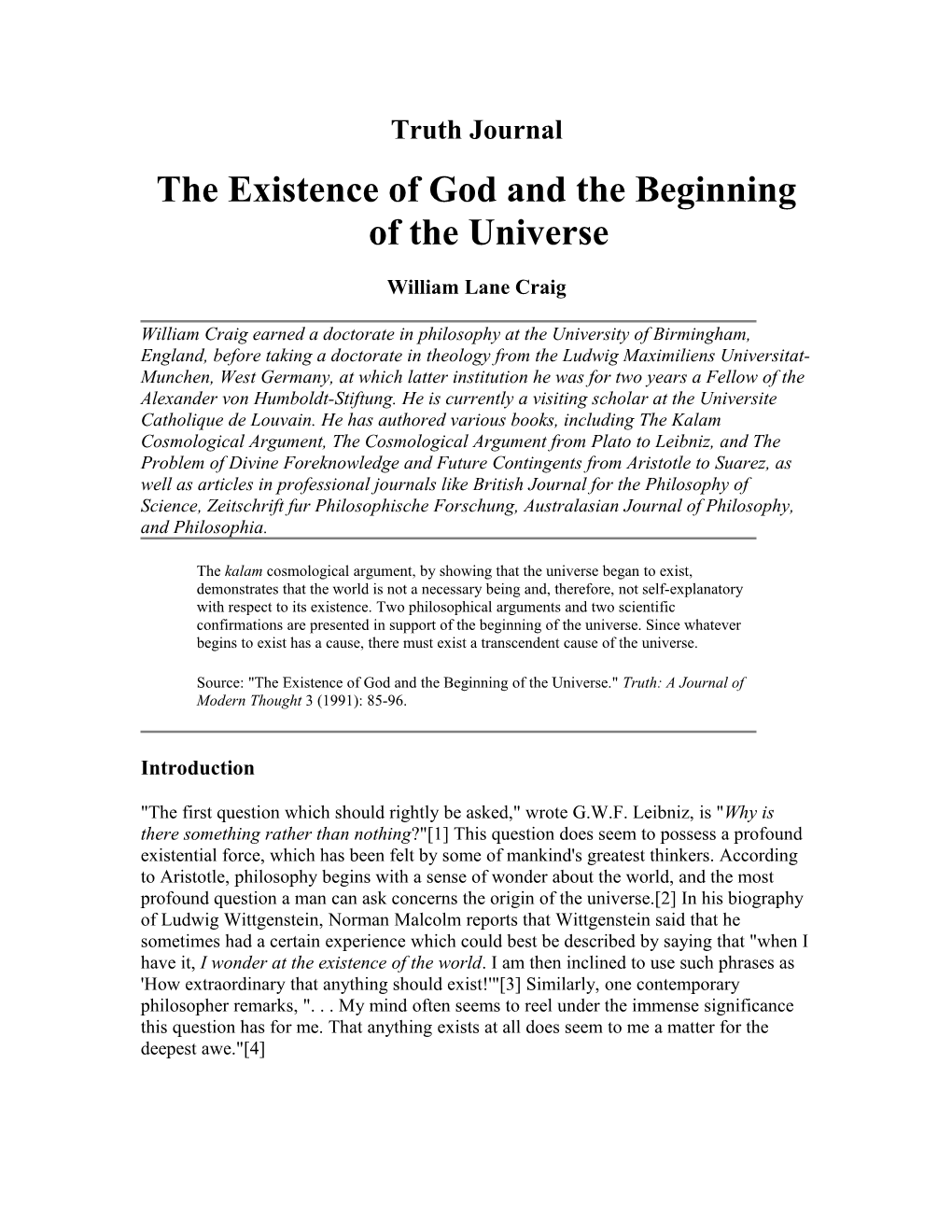 The Existence of God and the Beginning of the Universe