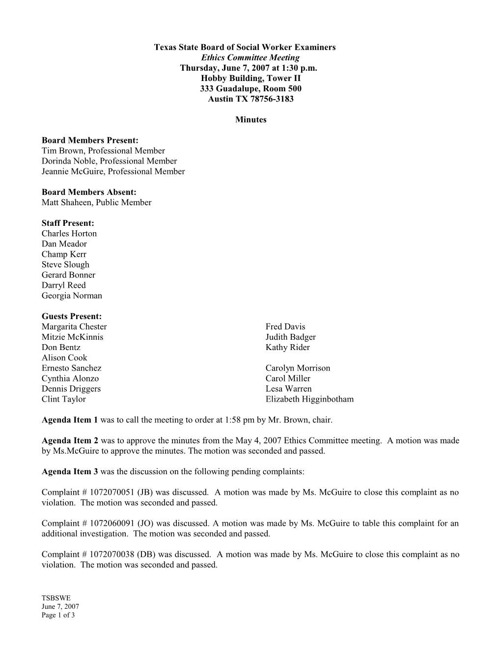 Ethics Committee Minutes June 2007