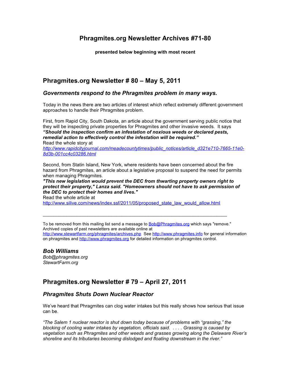 Phragmites.Org Newsletter Archives #71-80