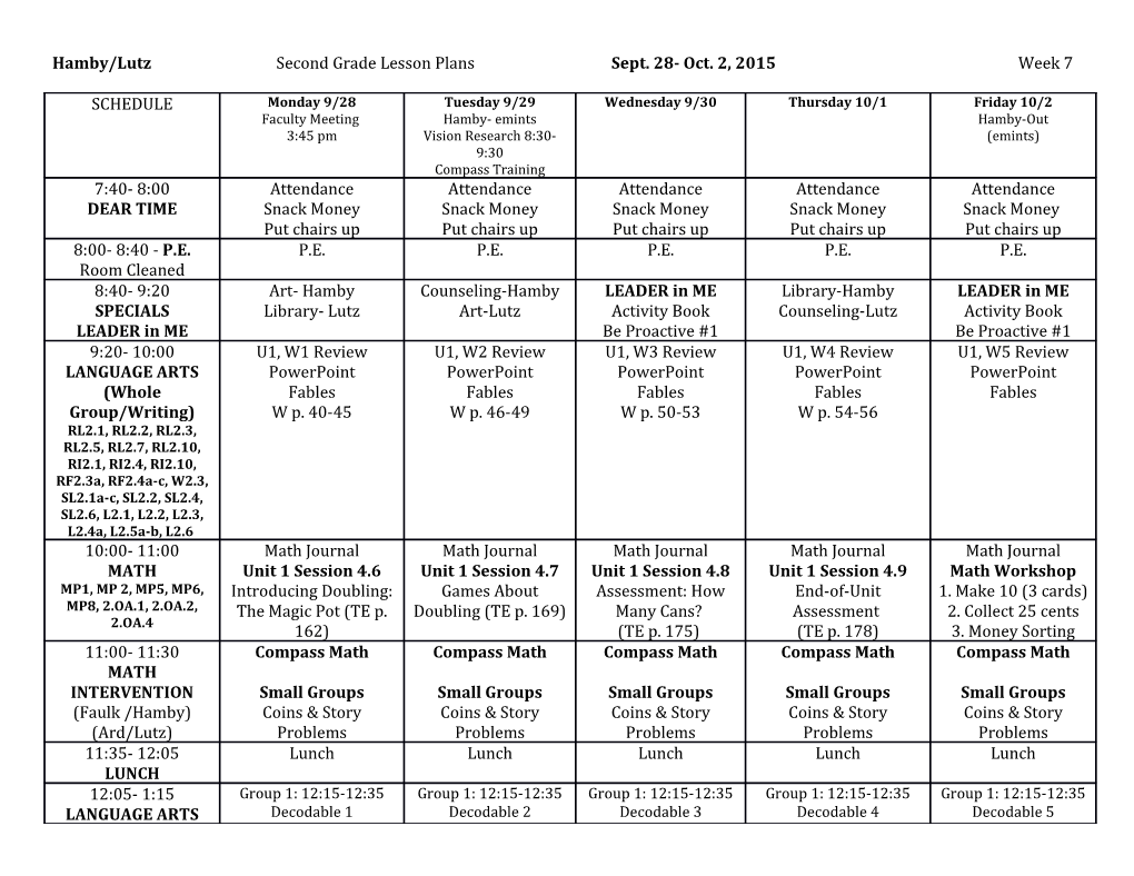 Hamby/Lutz Second Grade Lesson Plans Sept. 28- Oct. 2, 2015 Week 7