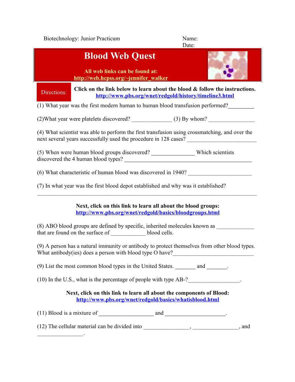 Physiology: Blood Web Quest