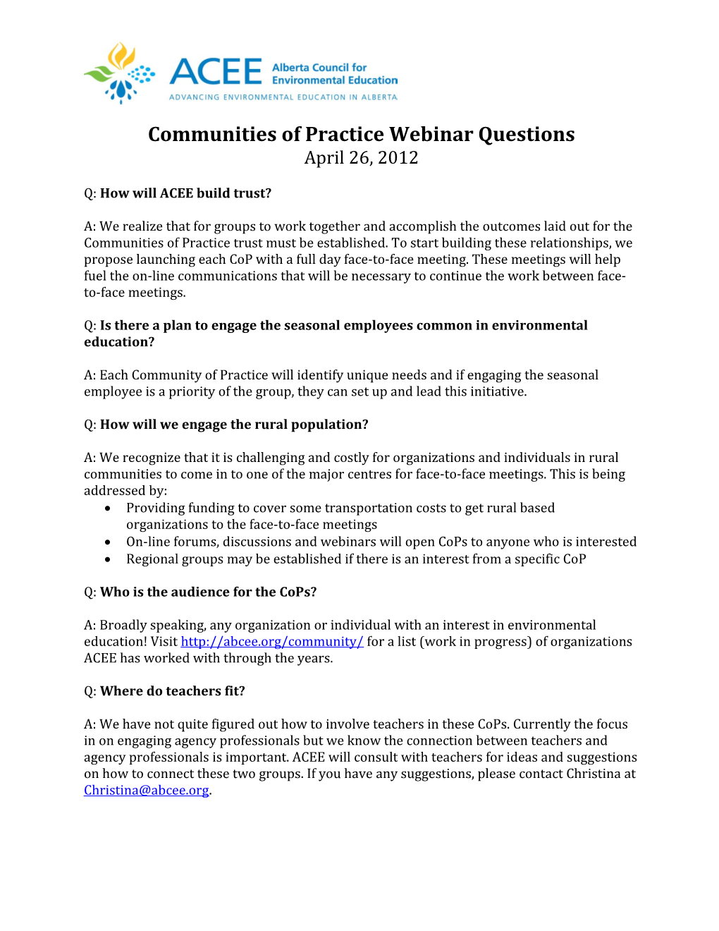 Communities of Practice Webinar Questions