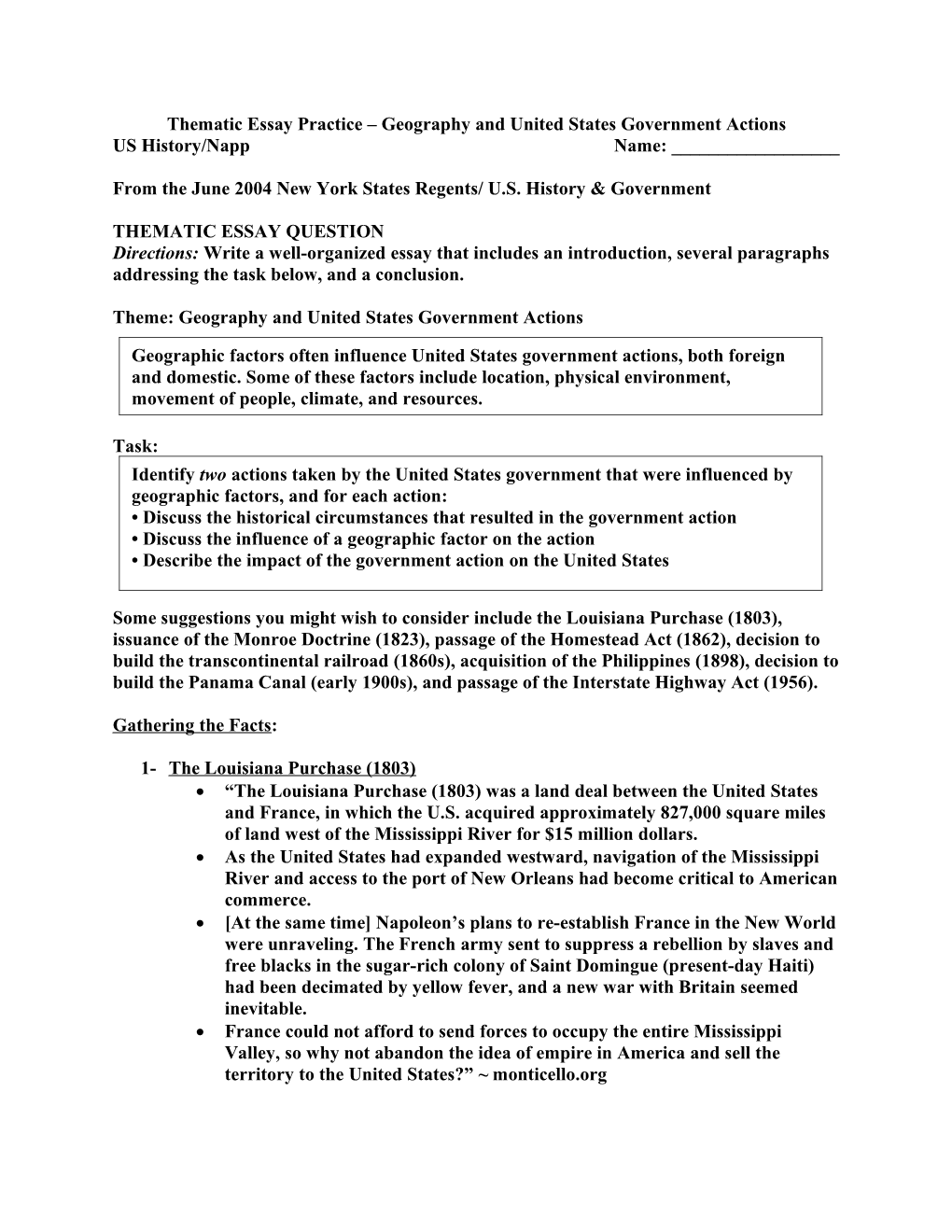 Thematic Essay Practice Geography and United States Government Actions