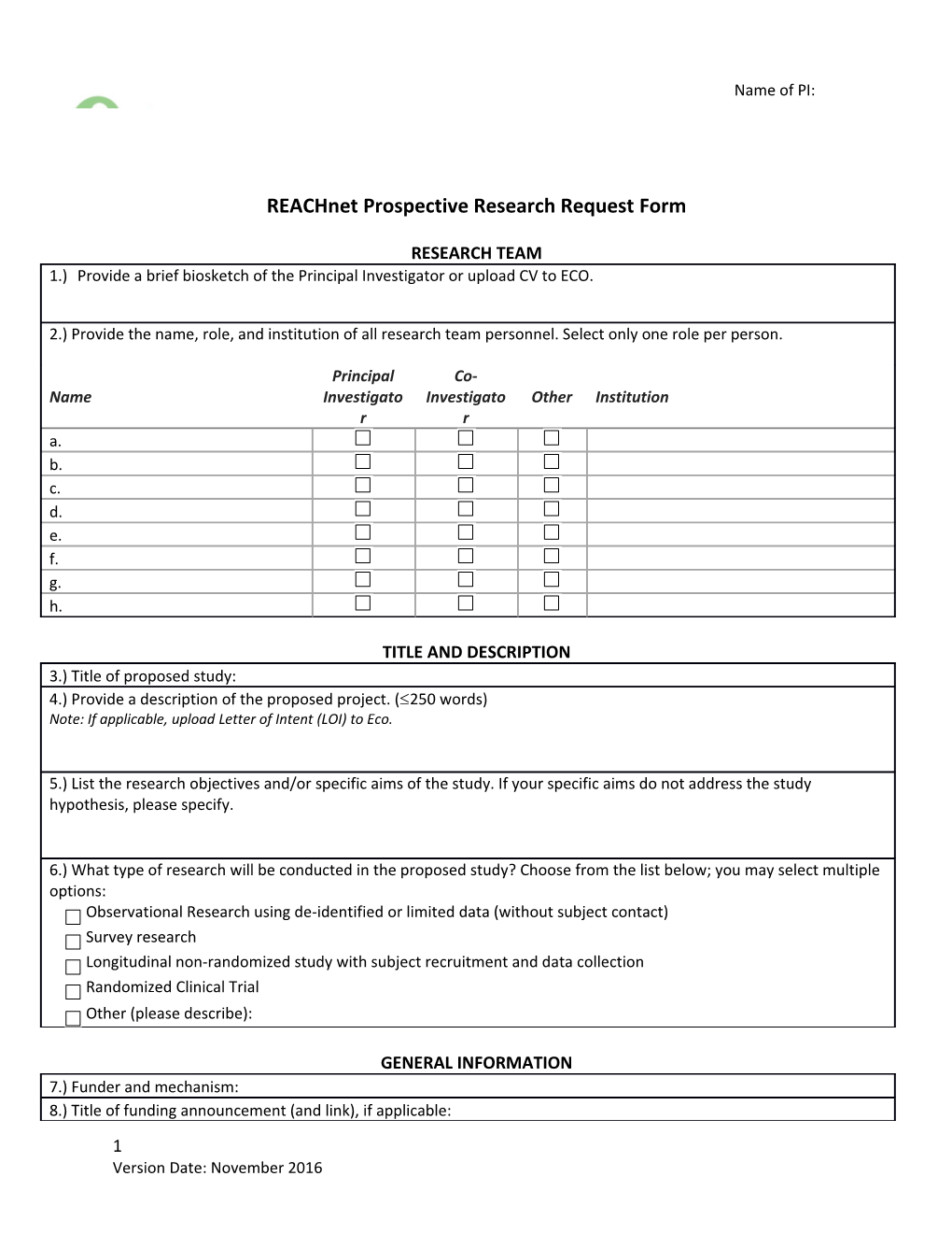 Reachnet Prospective Research Request Form