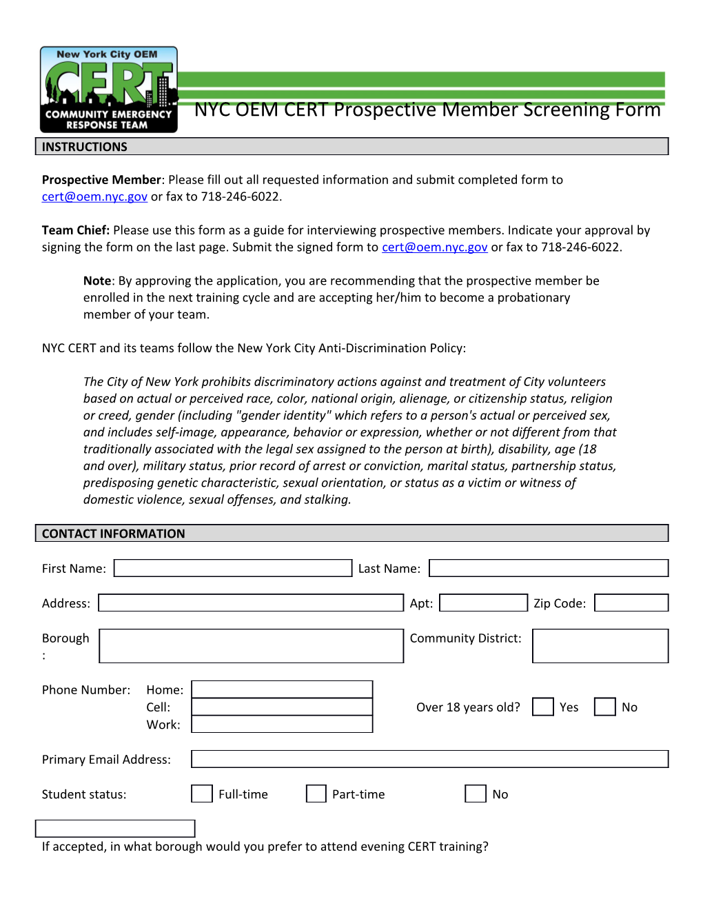 NYC OEM CERT Prospective Member Screening Form